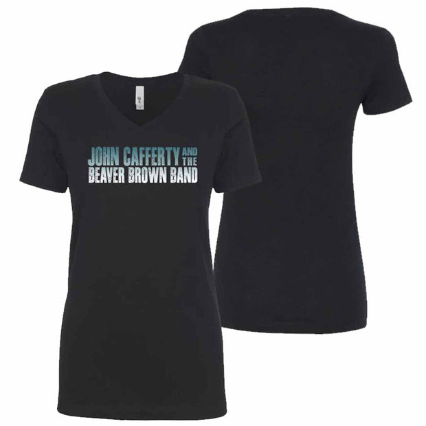 JOHN CAFFERTY Classic Logo Ladies Black V-Neck T-Shirt