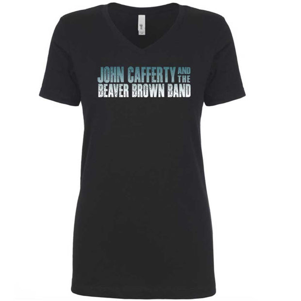 JOHN CAFFERTY Classic Logo Ladies Black V-Neck T-Shirt
